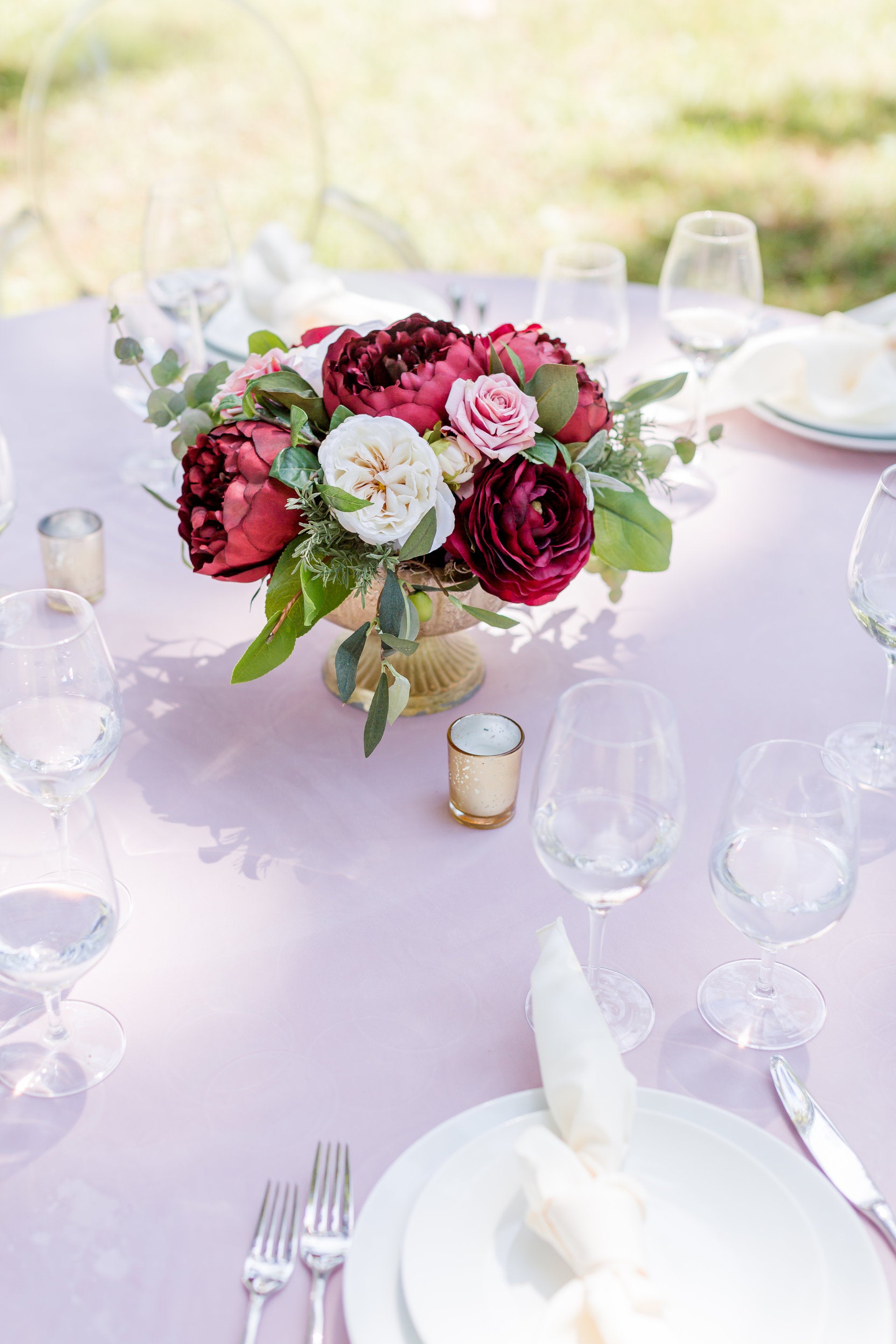 Tuscany Burgundy Pink - Table Centerpiece - With DEEP Burgundy Blooms and Pink